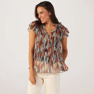 Haver & Blair Metallic Abstract Sheer Lined Popover Tie Neck Blouse -